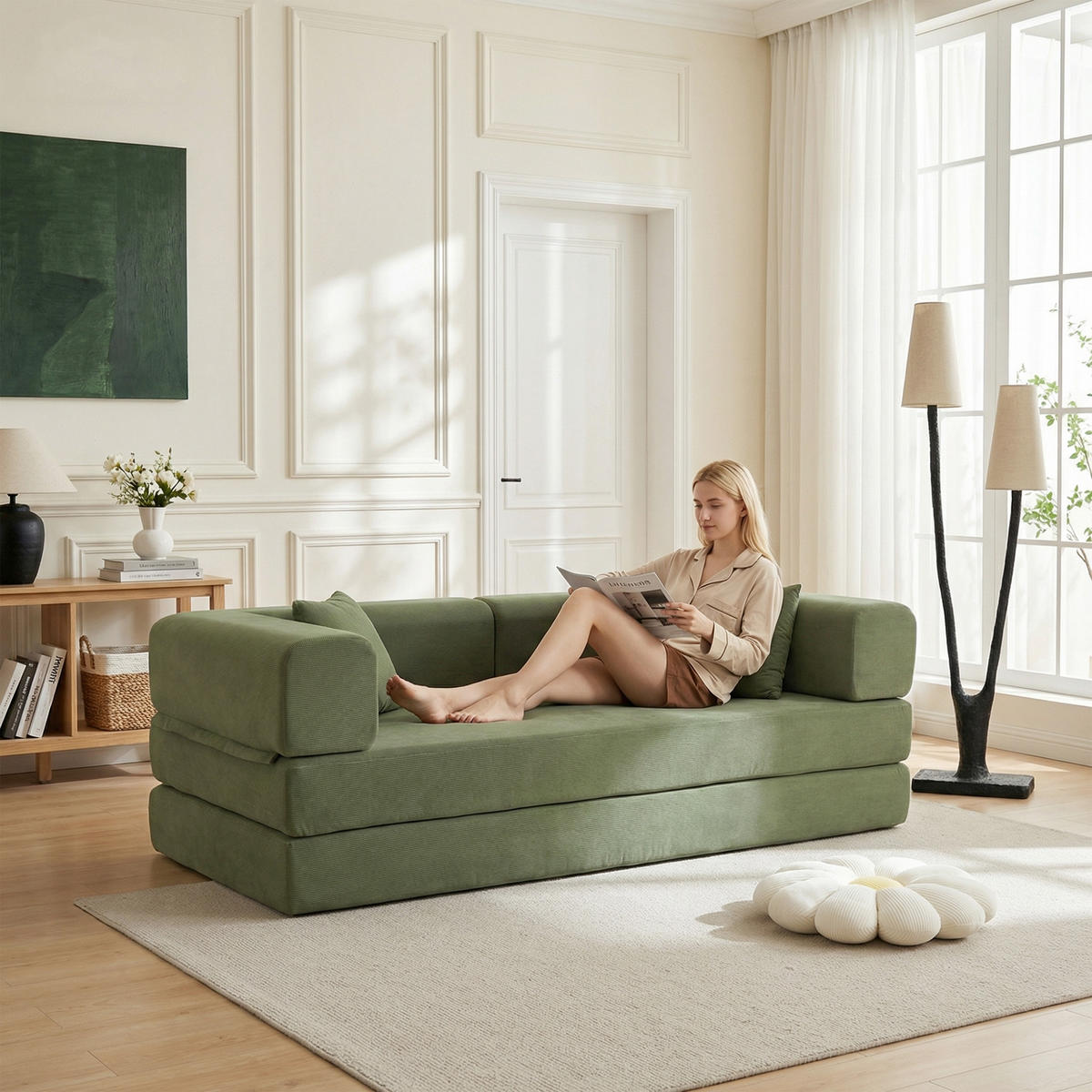 PODNA SOFA s cilindričnim naslonom za leđa, sklopiva, tkanina corduroy - Zelena - zelena, tekstil (100/70/200cm) - KOMHTOM