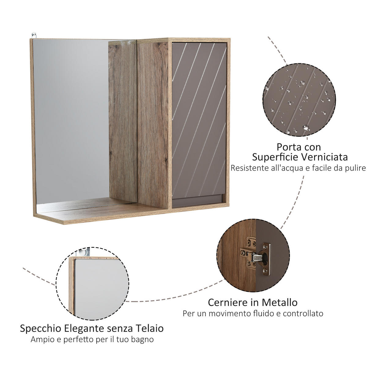 SPIEGELSCHRANK Grauer und eichenfarbener Badezimmer-Wandschrank, 57 x 14,2 x 49,2 cm - Grau, Glas (57/49.2/14.2cm) - Vallsero