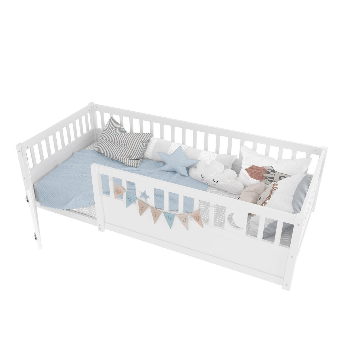 PANELBETT 90x190cm Weiß Kinderbett Gitter Stern-Mond-Dekoration - Weiß, Holz (90/190cm) - FLIEKS