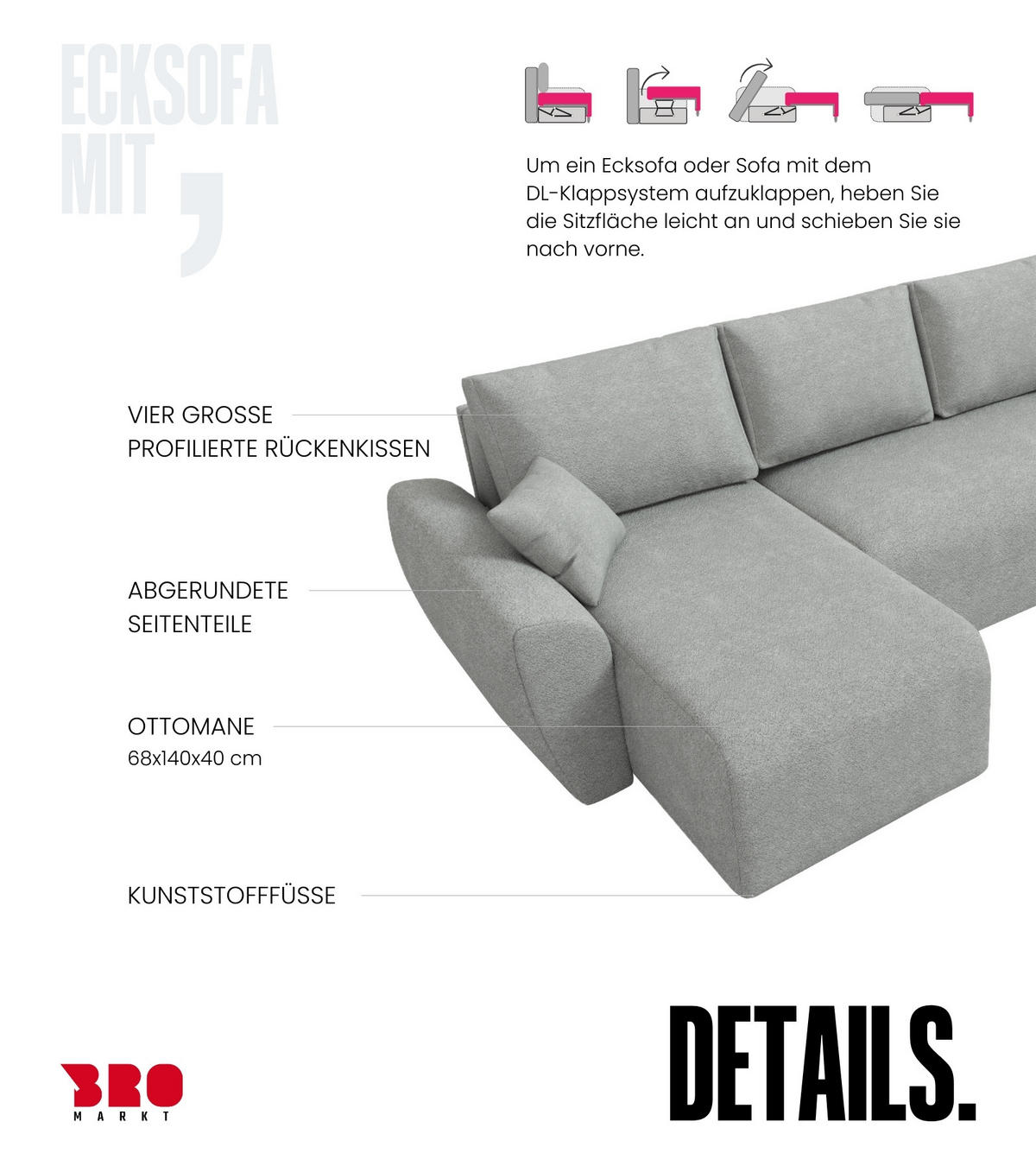 WOHLANDSCHAFT Rotterdam U mit Schlaffunktion Grau Bouclé - Hellgrau, Textil (310/80/141cm) - Bromarkt