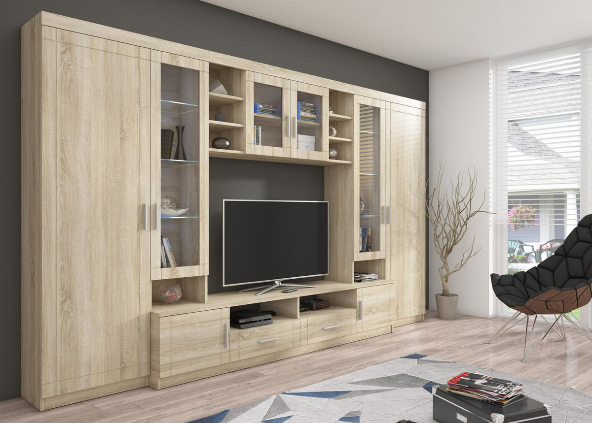 WOHNWAND Savanna mit TV-Lowboard, Vitrinen, 340x198 cm, sonoma - Sonoma Eiche, Metall (50/198/340cm) - Margaret Hadas24