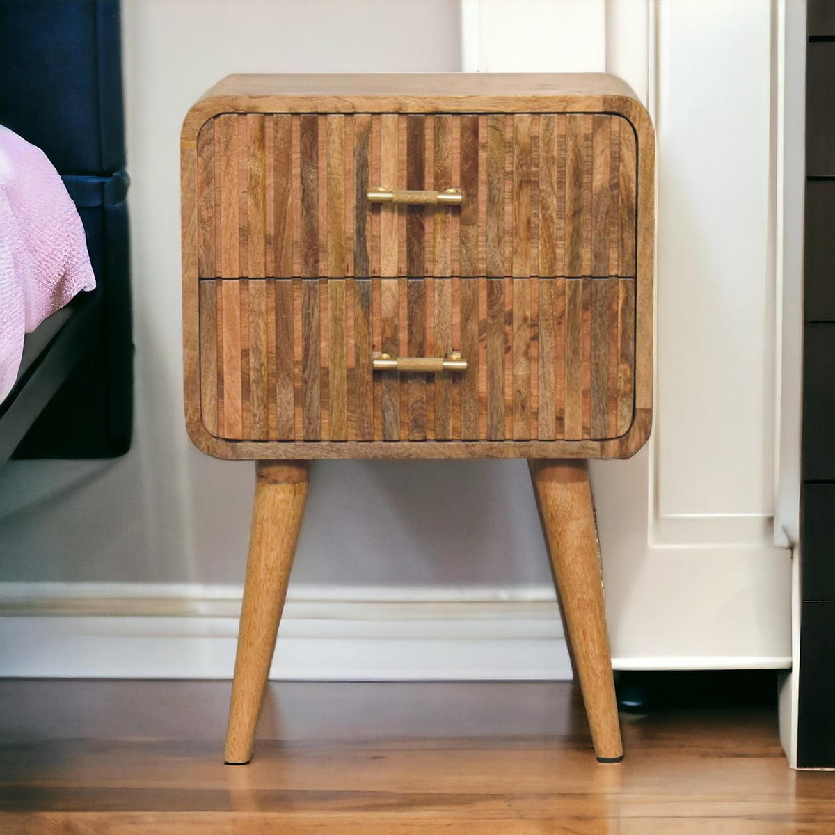 NACHTTISCH T-Bar Riffel, beige - Beige/Messingfarben, Mangoholz/Holz (35/65/45cm) - Artisan Furniture