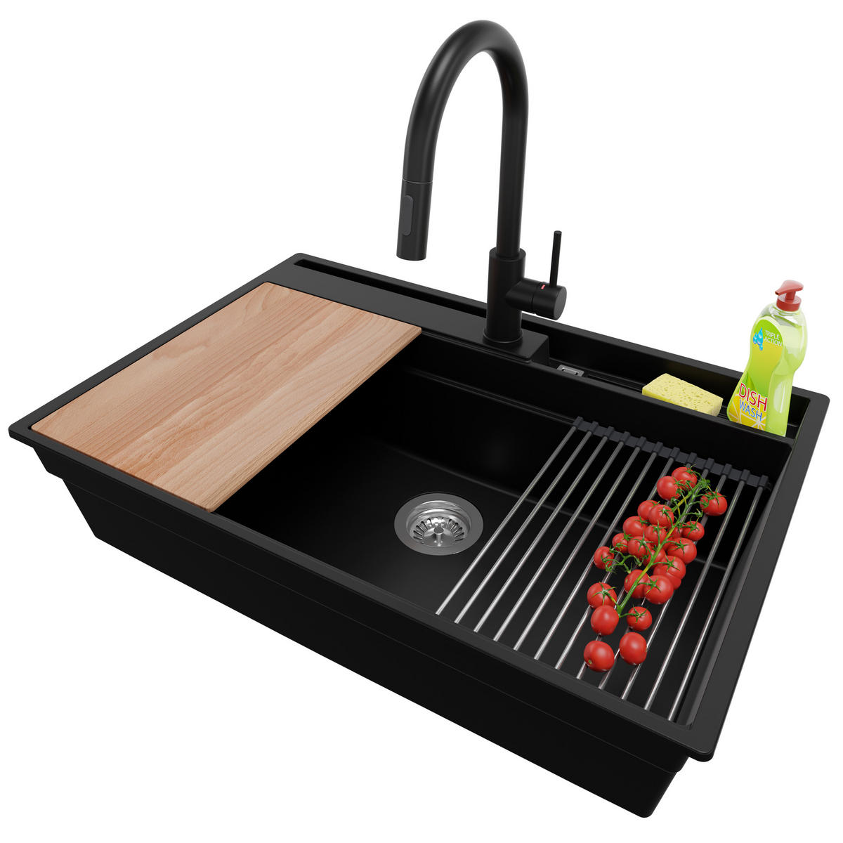 GRANITSPÜLE Oslo Pocket, 2-er set Schwarz 78/53 cm 1 Becken + Küchenarmatur 40/20 cm + Ablauf-Set + Küchenzubehörset ab 80er Unterschrank - Chromfarben/Beige, Kunststoff (78/20/53cm) - Primagran