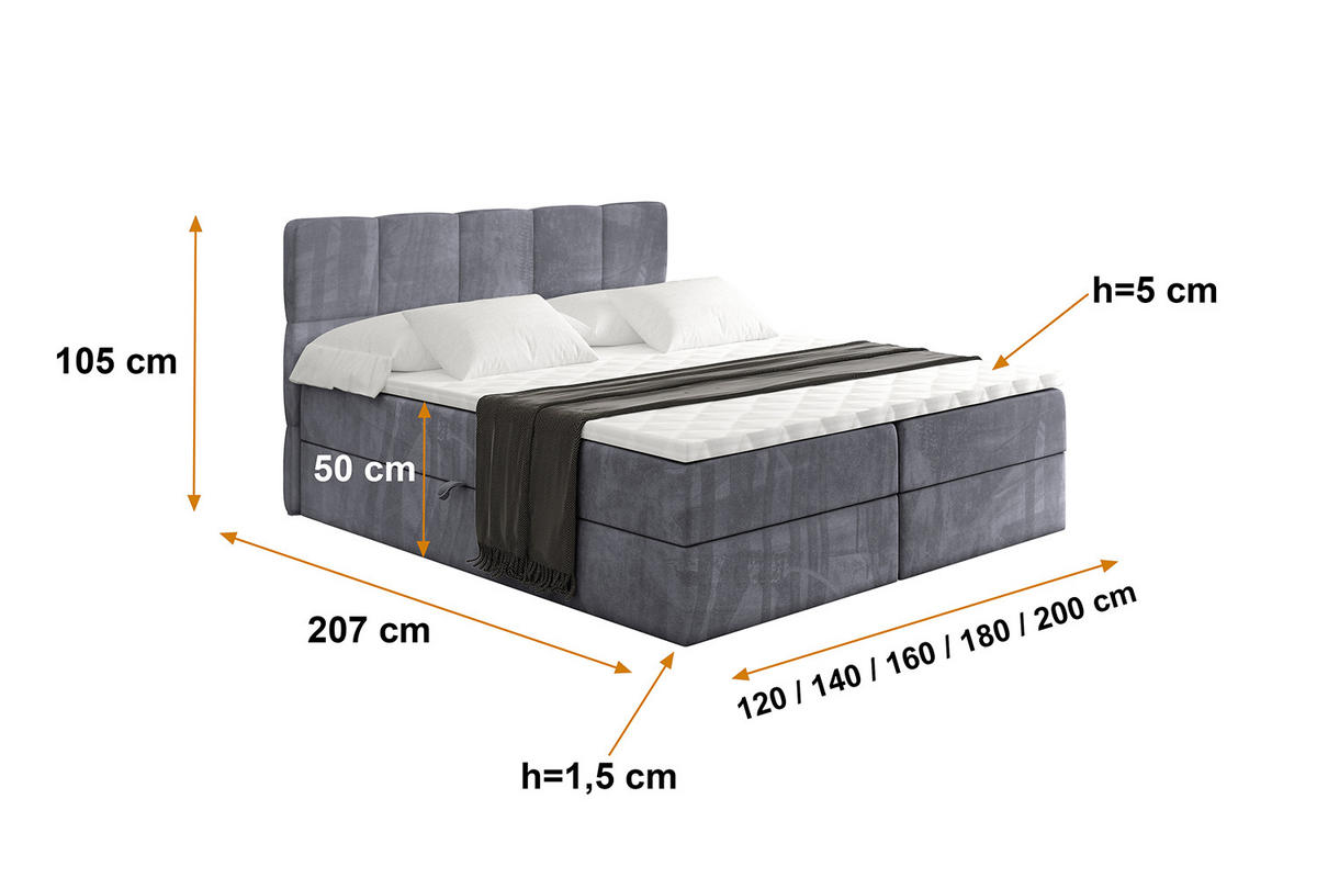 BOXBETT mit Matratze H4 und Lattenrost - LIRO - 160x200 - Dunkelgrau Casablanca - Dunkelgrau, Holzwerkstoff/Kunststoff (160/200cm) - ALTDECOR