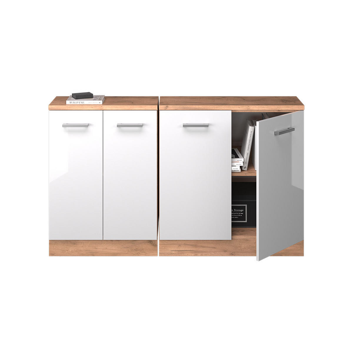 KUHINJSKI ORMAR ZA KOSINE KROVA R-Line Sjajna Bijela 140 cm Set od 2 korpusa ormara, dubina 60 cm - hrast medunac/bijela visoki sjaj, drvni materijal (140/83.8/60cm) - Vicco