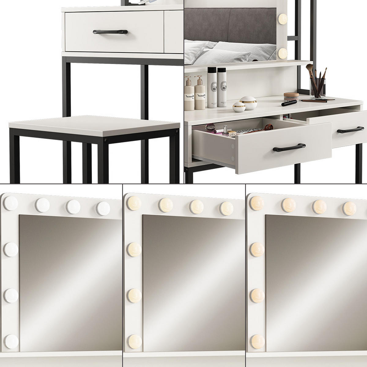 SCHMINKTISCH Luvia Weiß 90 cm mit LED-Beleuchtung und Hocker - Schwarz/Weiß, Holzwerkstoff (90/146/40cm) - Vicco