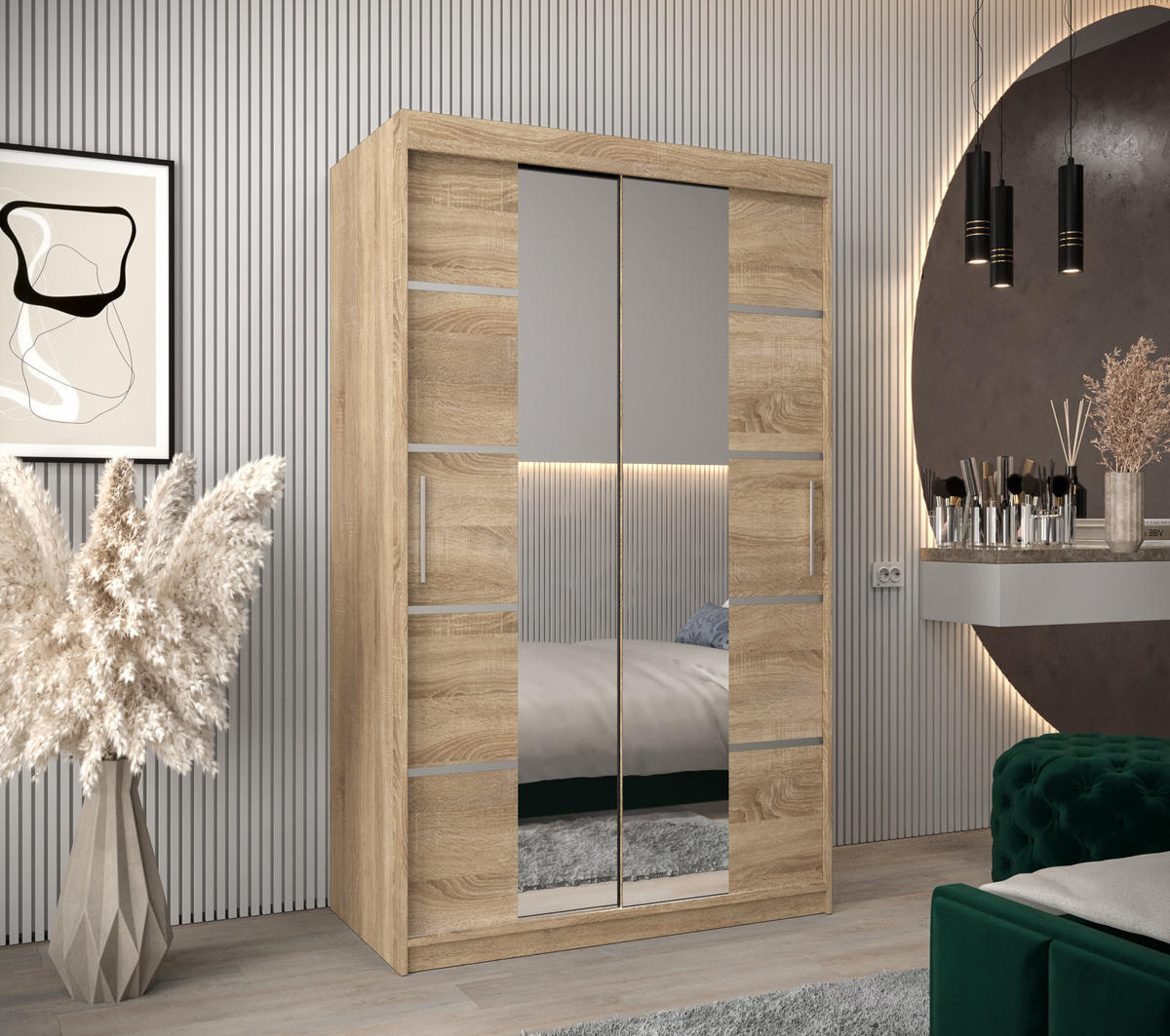 SCHWEBETÜRENSCHRANK 200/120/62 2-türig - Silberfarben/Sonoma Eiche, Holz/Kunststoff (120/200/62cm) - MÖBEL KRYSPOL