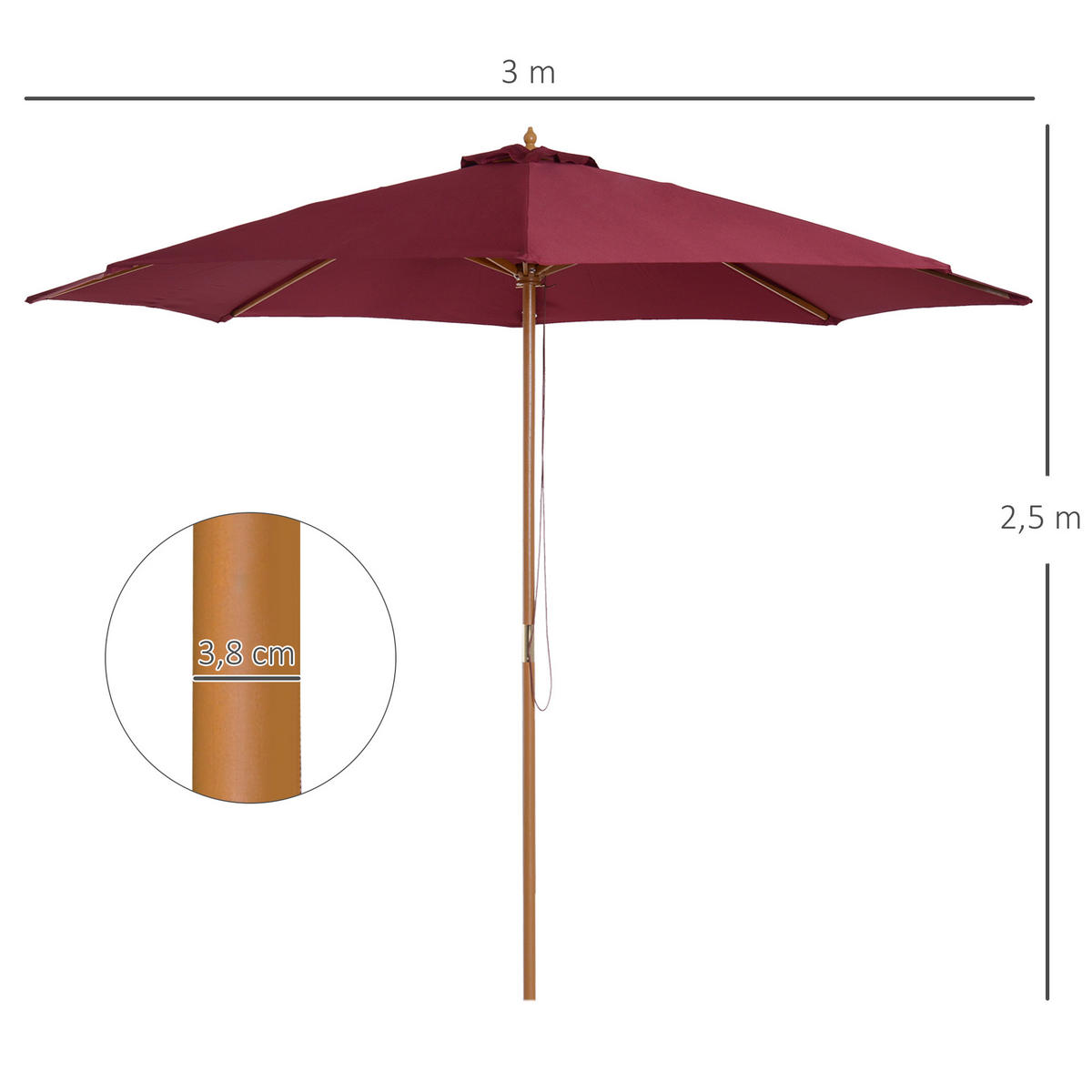 SONNENSCHIRM DE-11353 doppeltes Dach, Holz, 3 m Rot - Rot, Holzwerkstoff (300/300cm) - ComfortXL