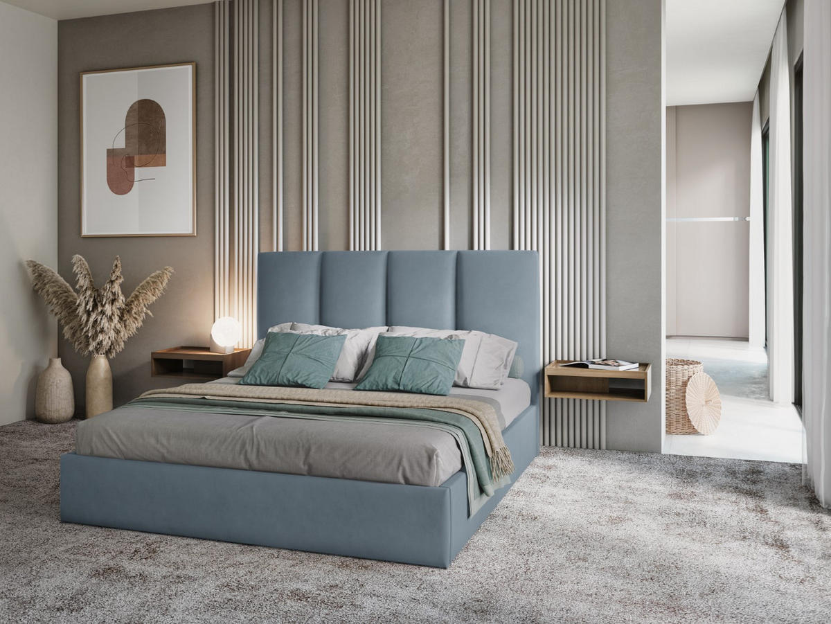 BETT mit Bettkasten und Kopfteil Pyla aus Samt blau 140x200cm - Hellblau, Textil (140/200cm) - Micadoni