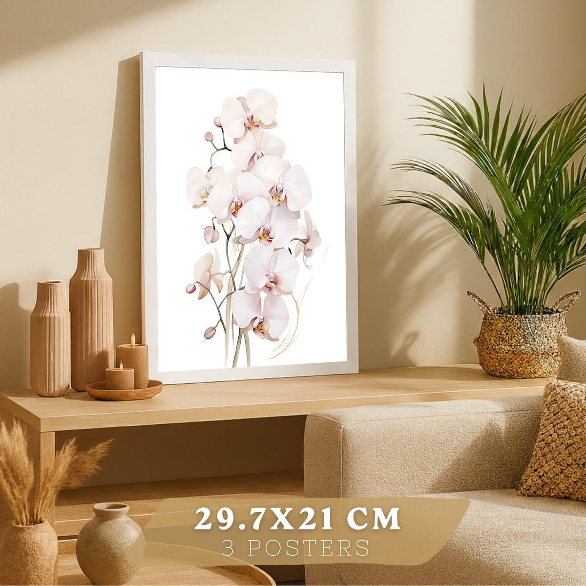 POSTER 3er-Set Wandbilder Orchidee Rosa modern Wohnzimmer Deko, Schlafzimmer, Küche, Badezimmer Rahmenlos A4 - Weiß, Papier (29.7/1/21cm) - Nacnic