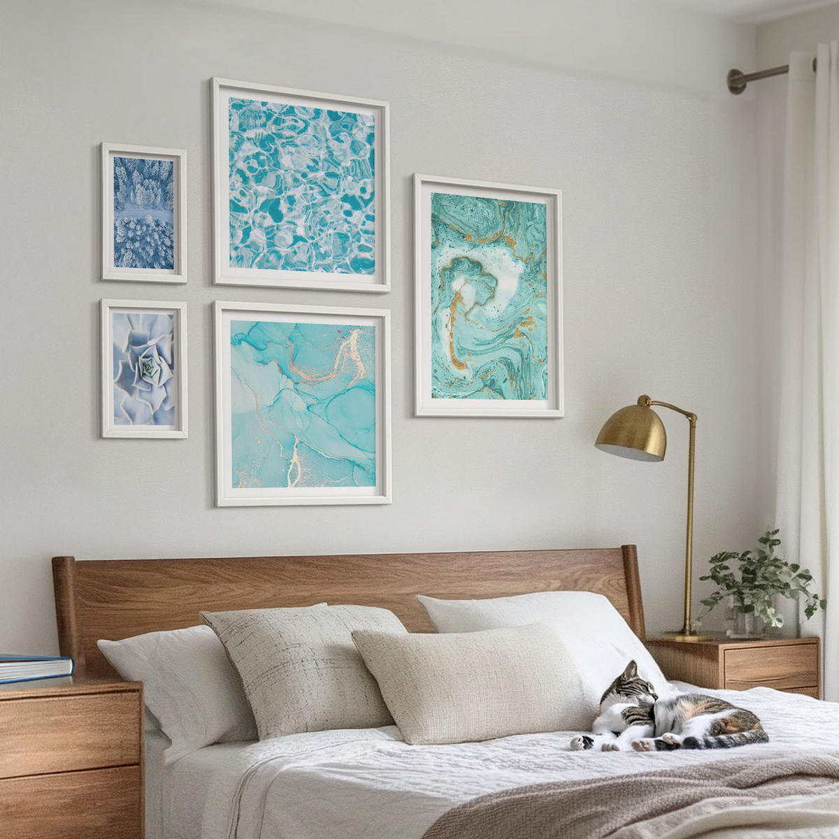 WANDBILDER 5er-Set - 50x50 cm & 20x30 cm & 40x60 cm Weißer Rahmen - Pflanzenmuster große minimalistische Sonnen - Weiß, Kunststoff (40/60cm) - ArtPrintCave