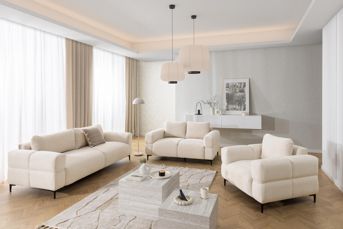 SITZGARNITUR 3+1 Cardea in Bubble-Optik aus weichem Hellbeige Strukturstoff mit hohem Sitzkomfort - Beige/Schwarz, Holz/Textil (217/80/97cm) - S-Style Möbel