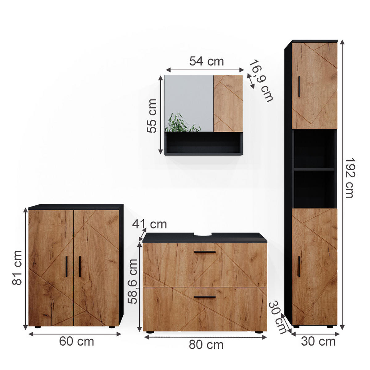 BADMÖBEL-SET Irma Goldkraft Eiche/Anthrazit 4 Teile - Anthrazit/Eiche Wotan, Holzwerkstoff (80/58/41cm) - Vicco