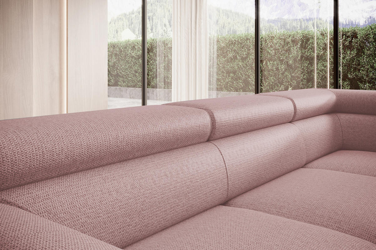 ECKSOFA Raven L mit Schlaffunktion und Bettkasten, Freistehend, Polstersofa mit Verstellbaren Kopfstützen, 257x198x96 cm – Rechte, Puderrosa - Rosa, Holz/Textil (256/198cm) - DomoHome