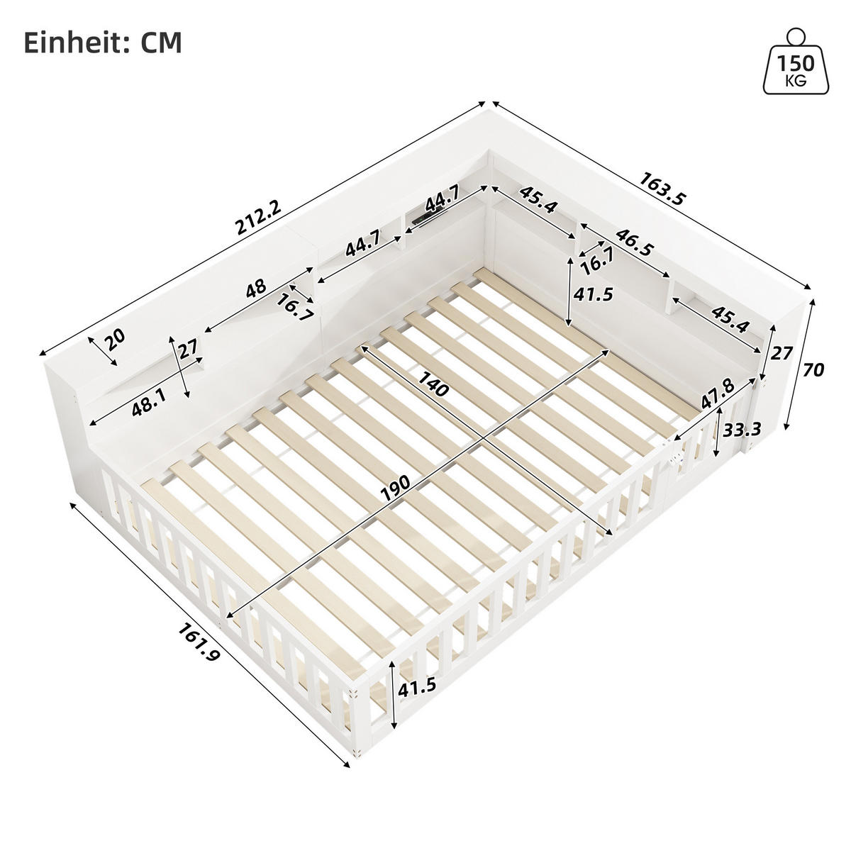 KINDERBETT Tagesbett 140/190 cm aus Spanplatte und MDF mit USB, Steckdose und Stauraum Weiß - Weiß, Holzwerkstoff (140/190cm) - Modenvie