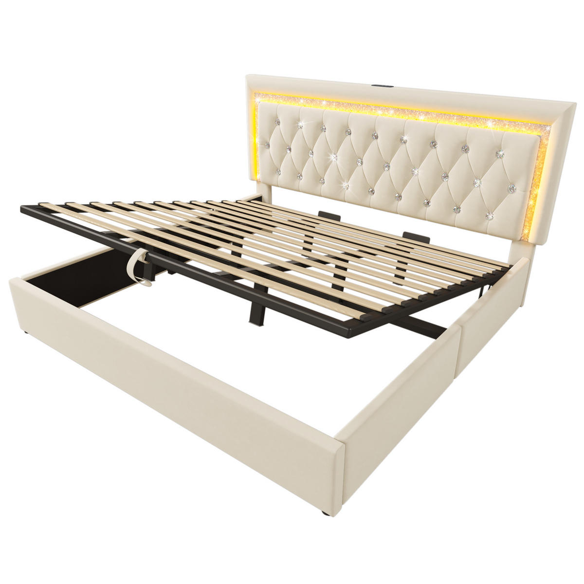 POLSTERBETT 180/200 cm in Beige Samt mit Bettkasten, LED, USB und Type-C - Beige, Holzwerkstoff/Textil (180/200cm) - WISHDOR