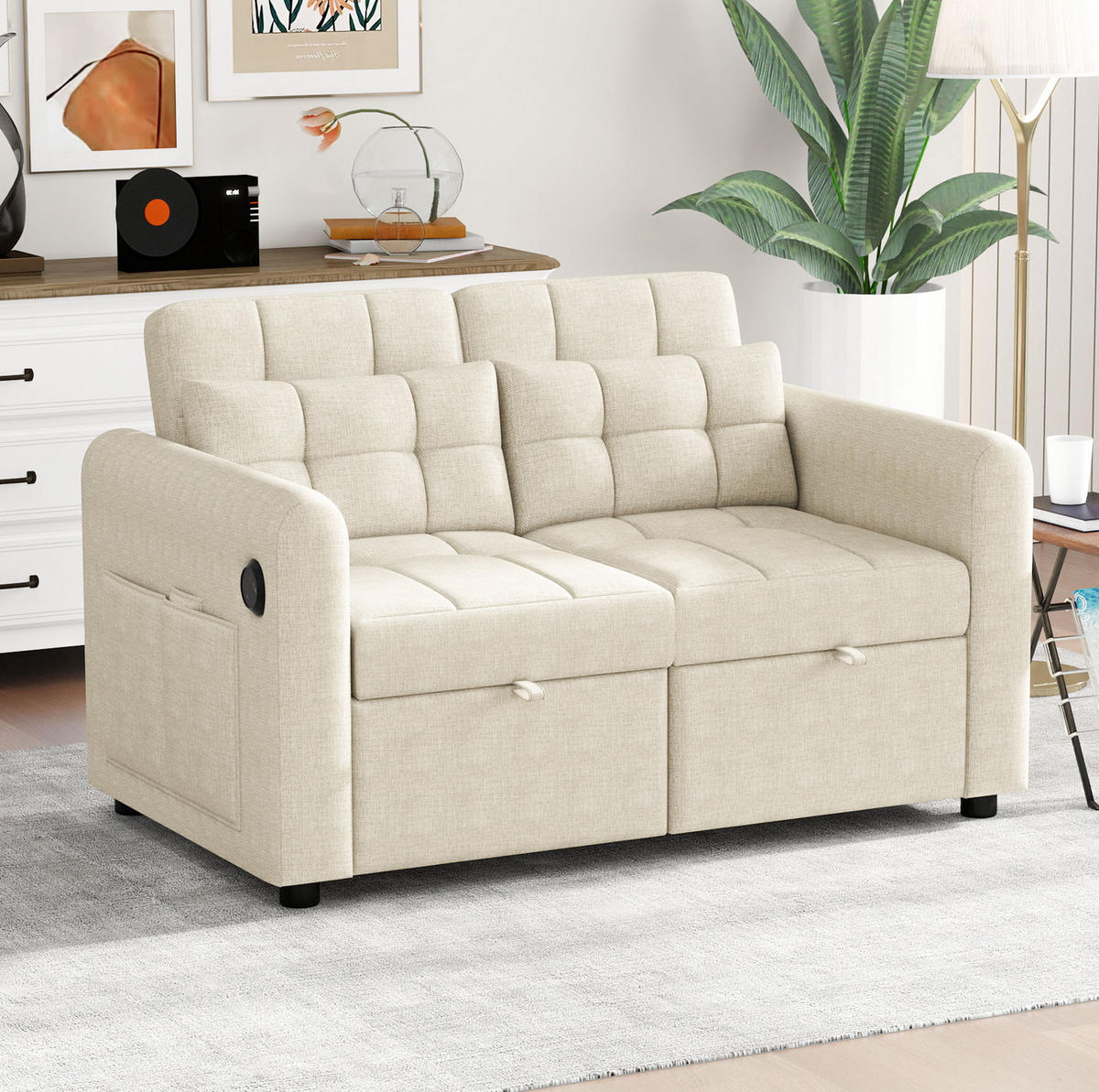 SCHLAFSOFA aus Baumwoll-Leinen 142x85x83 cm Beige mit USB, Armlehnentaschen und verstellbarer Rückenlehne - Beige, Textil (142/83/85cm) - Modfu
