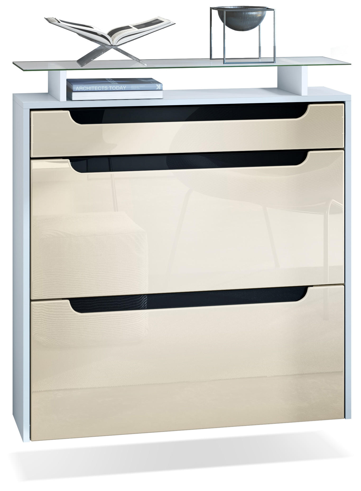 SCHUHSCHRANK Annie Creme Hochglanz / Schwarz Hochglanz - Creme/Schwarz, Holzwerkstoff (89/96/23cm) - Vladon