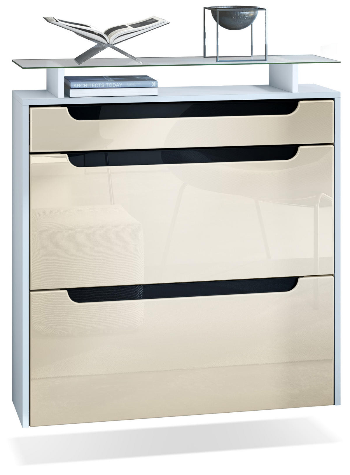 SCHUHSCHRANK Annie Creme Hochglanz / Schwarz Hochglanz - Creme/Schwarz, Holzwerkstoff (89/96/23cm) - Vladon