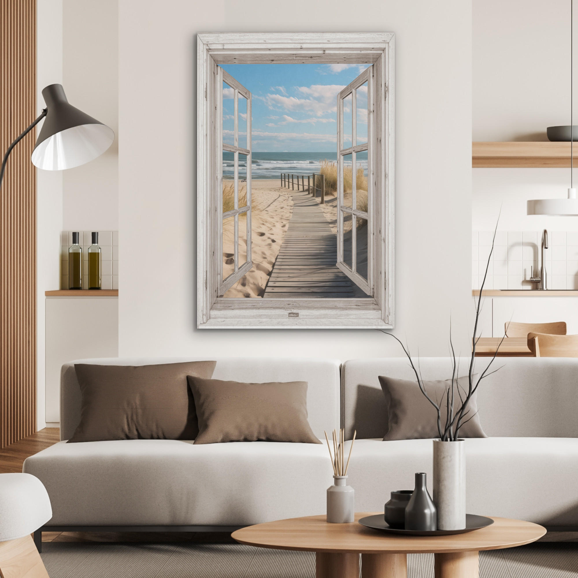 AKUSTIKPANEEL Fenster - Meer - Küste - Natur - Ausblick - Strand - Wattenmeer 70x100 cm - Beige, Textil (70/0.9/100cm) - MuchoWow