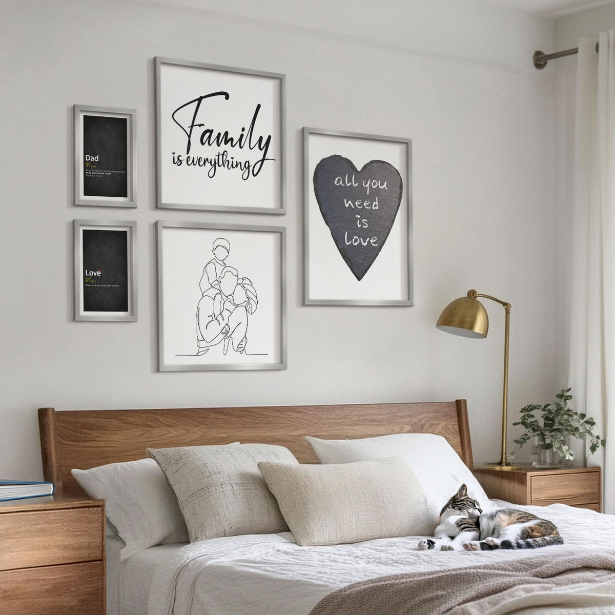 BILDER SET 5er Set - 50x50 cm & 20x30 cm & 40x60 cm Silberner Rahmen - Definitionen der Liebe in Familienzeichnungen - Silberfarben, Kunststoff (40/60cm) - TULUP