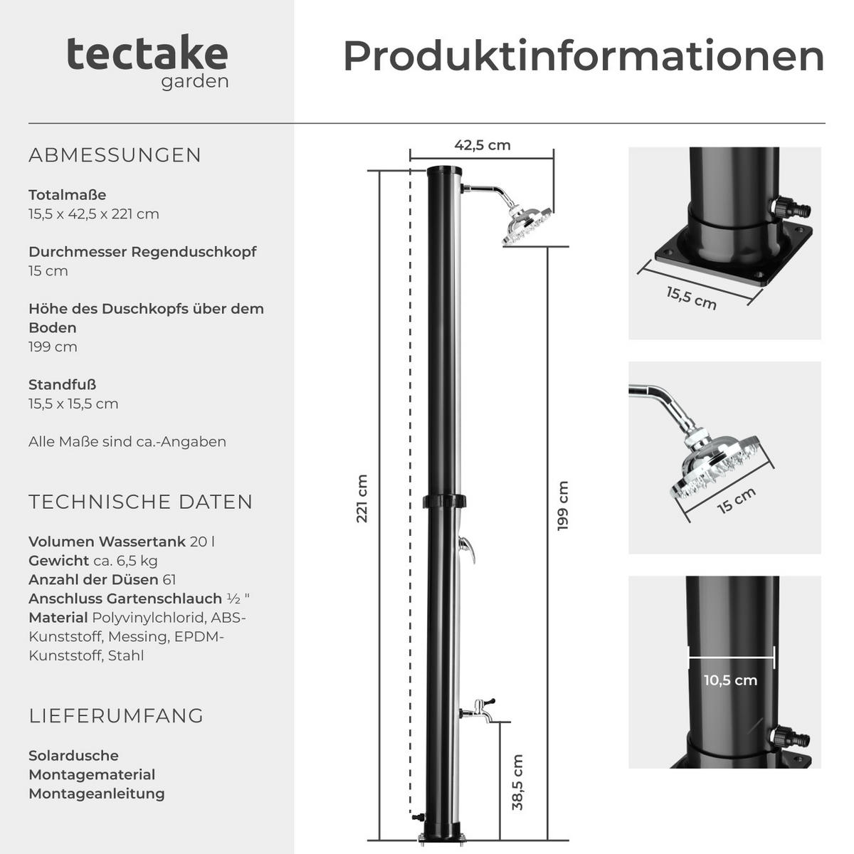 SOLARDUSCHE Tinto,inklusive Wasserhahn,schwarz/silber - Silberfarben/Schwarz, Kunststoff (15.5/221/42.5cm) - tectake