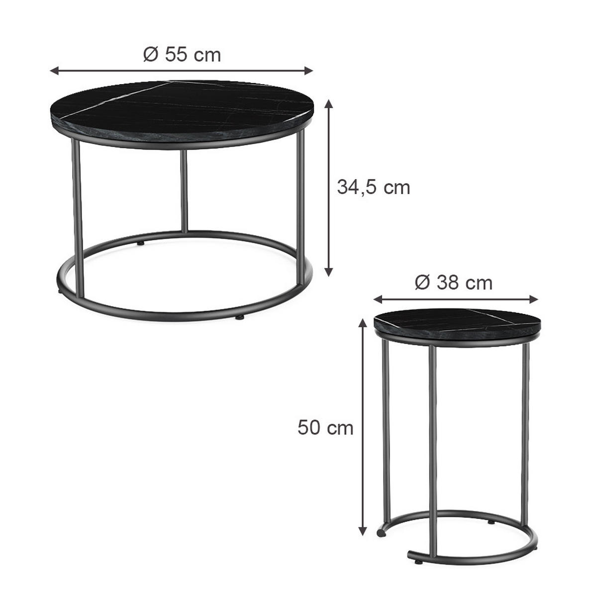 COUCHTISCH-SET Ottawa Schwarzer Marmor 55 x 55 cm 2 Teile - Schwarz Hochglanz, Holzwerkstoff (55/55/34.5cm) - Vicco