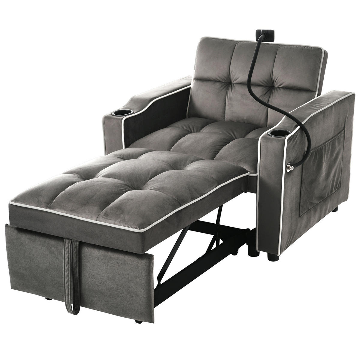 SCHLAFSESSEL aus Samt 83x167x76 cm Antik-Dunkelgrau 3-in-1 ausziehbar mit Getränkehaltern und Handyhalterung - Dunkelgrau, Kunststoff (167/76/83cm) - Modfu