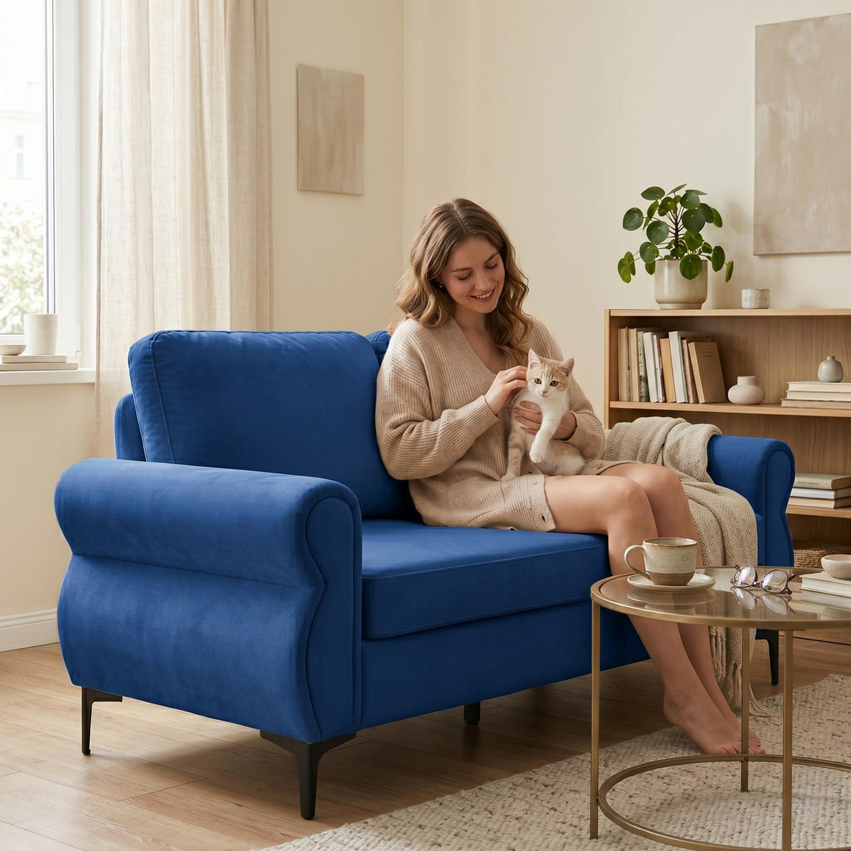 2-SITZER SOFA Polyester Blau mit Metallfüßen - Blau, Holzwerkstoff/Textil (173.5/92/81cm) - WISHDOR
