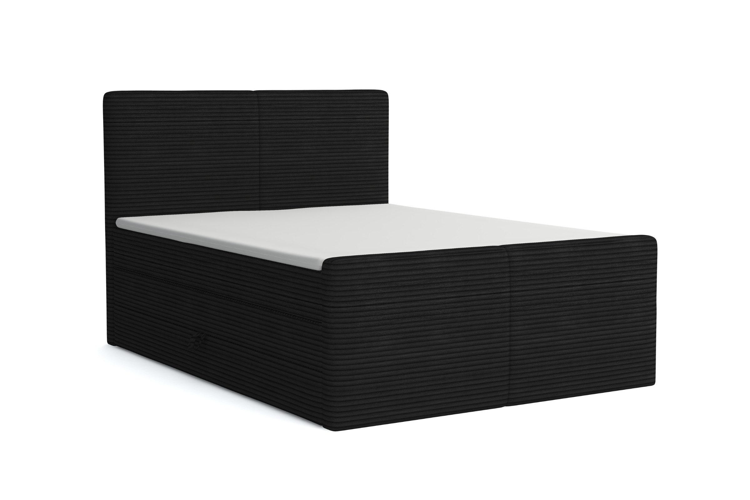BOXBETT ROCKY 200/200 in Cord Schwarz mit Doppelmatratzen H3 - Schwarz, Holz/Holzwerkstoff (140/200cm) - Deine Möbel 24