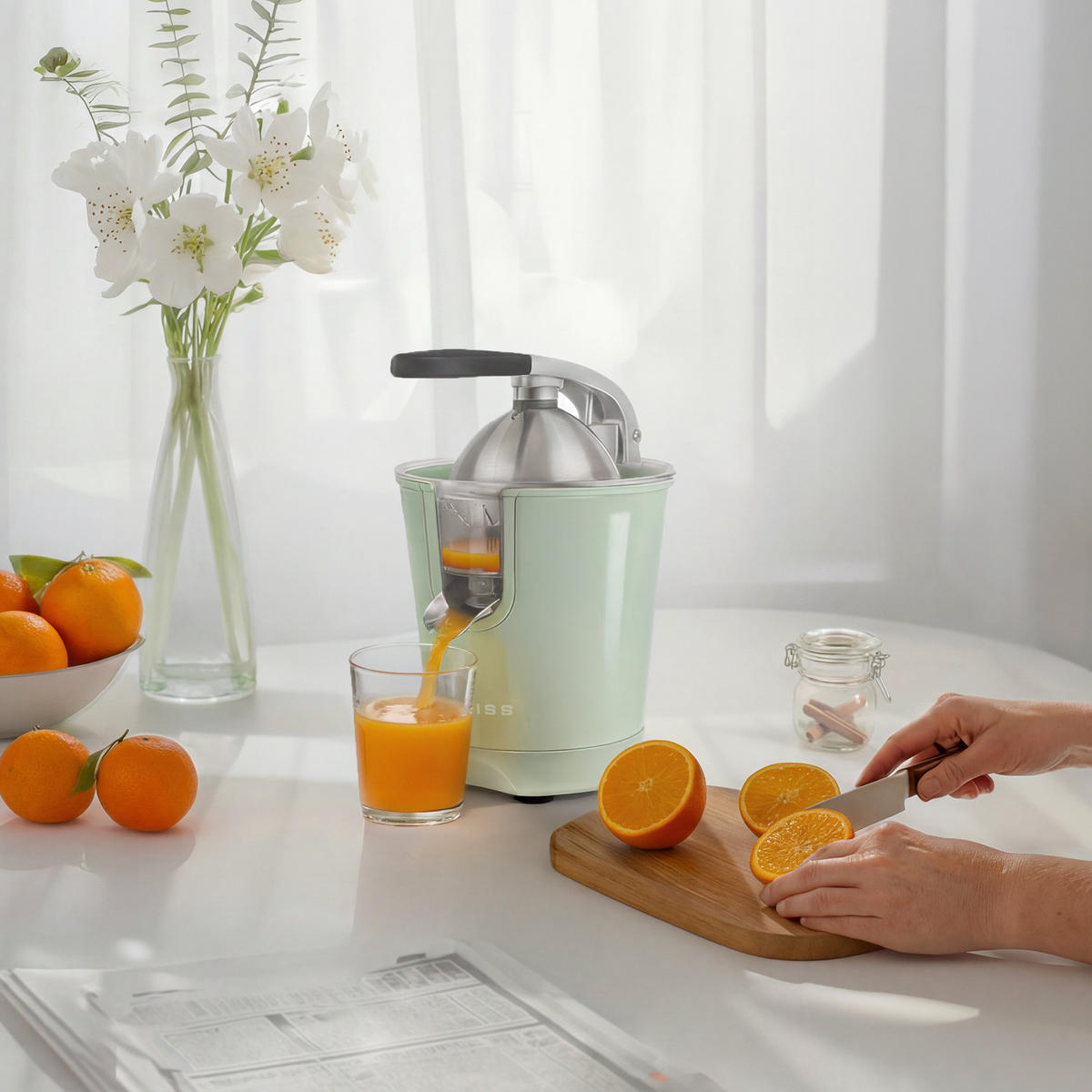ZITRUSPRESSE ZEST7 Grün, tropffreier Ausgießer, leistungsstarker Gelenkarm, 160 W - Grün, Metall (18.5/29/25cm) - SWEISS