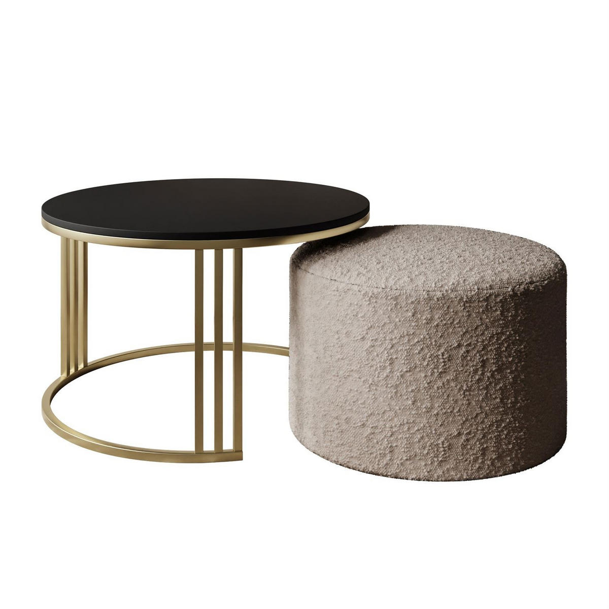 COUCHTISCH mit Hocker LORI MAT gebürstetes Gold/schwarz matt/Coral 50 - Schwarz, Metall (70/70/49cm) - Lookway