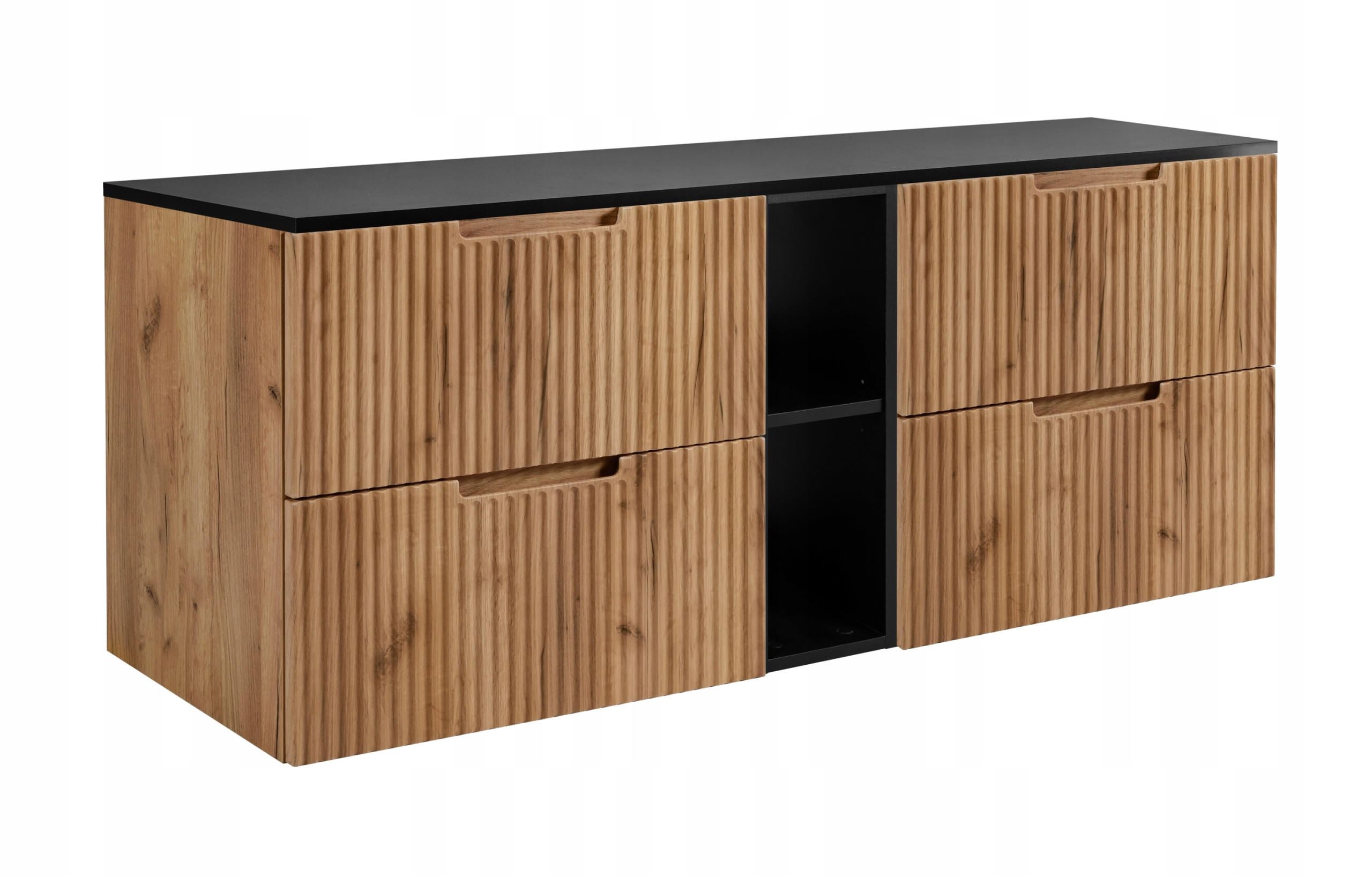 WASCHBECKUNTERSCHRANK VENA 140 cm mit Arbeitsplatte Farbe: Matt Schwarz mit einem Regal Gerillte Vorderseite Eichen Craft - Eichefarben/Schwarz, Holzwerkstoff (140/58/46cm) - Rodan