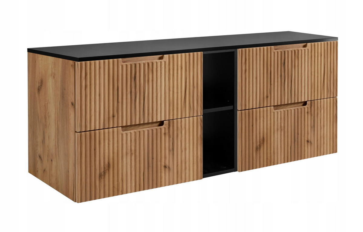 WASCHBECKUNTERSCHRANK VENA 140 cm mit Arbeitsplatte Farbe: Matt Schwarz mit einem Regal Gerillte Vorderseite Eichen Craft - Eichefarben/Schwarz, Holzwerkstoff (140/58/46cm) - Rodan