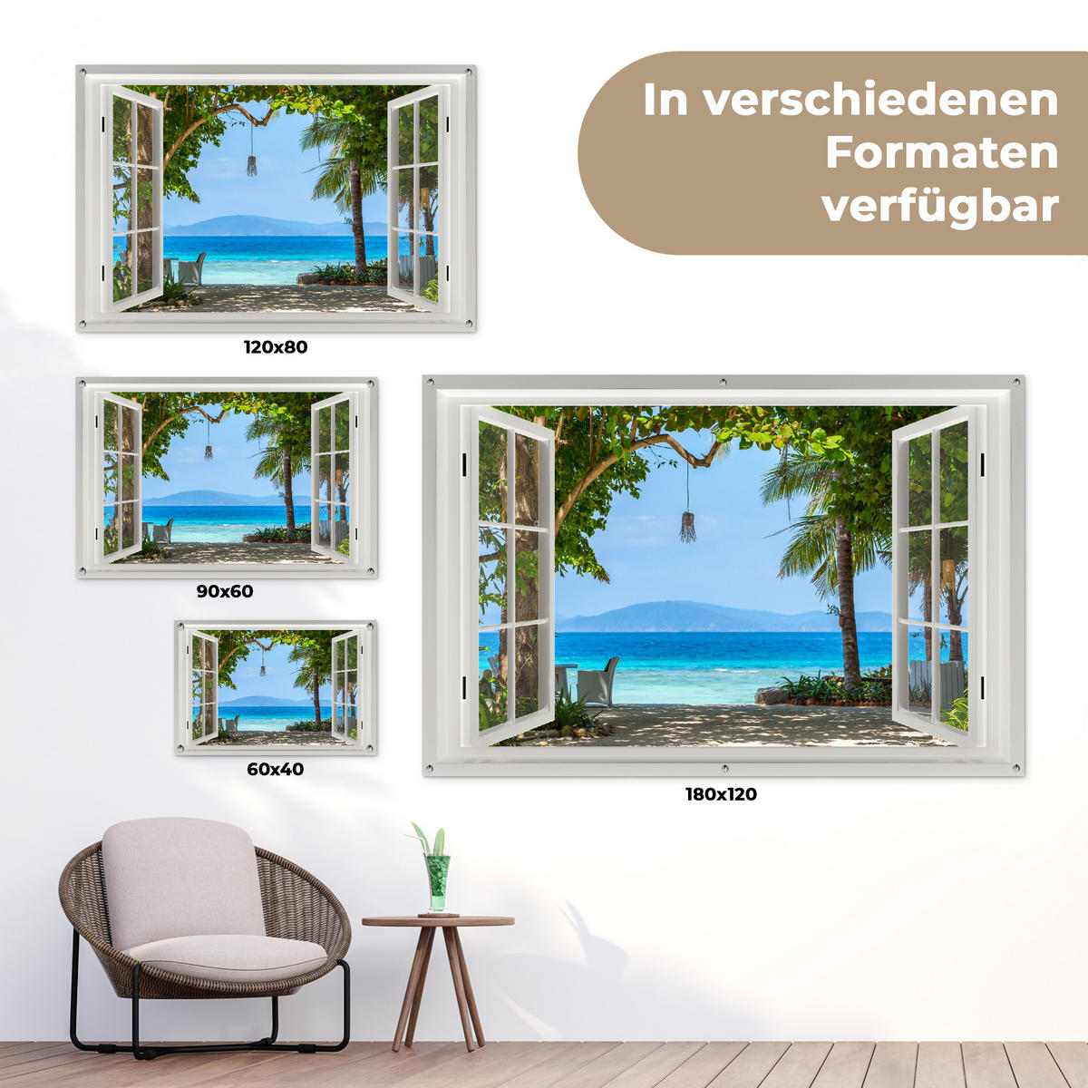 ZAHRADNÍ PLAKÁT Výhled - Strom - Moře - Palma - Kopce - Pláž - Modrá 90x60 cm - bílá, plast (90/60/0.2cm) - OnlyWow