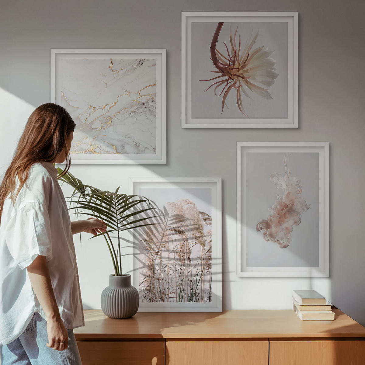 BILDER SET 4er Set - 50x50 cm & 40x60 cm Weißer Rahmen - Elegante Gräser, Blumen, Marmor - Weiß, Kunststoff (50/50cm) - TULUP