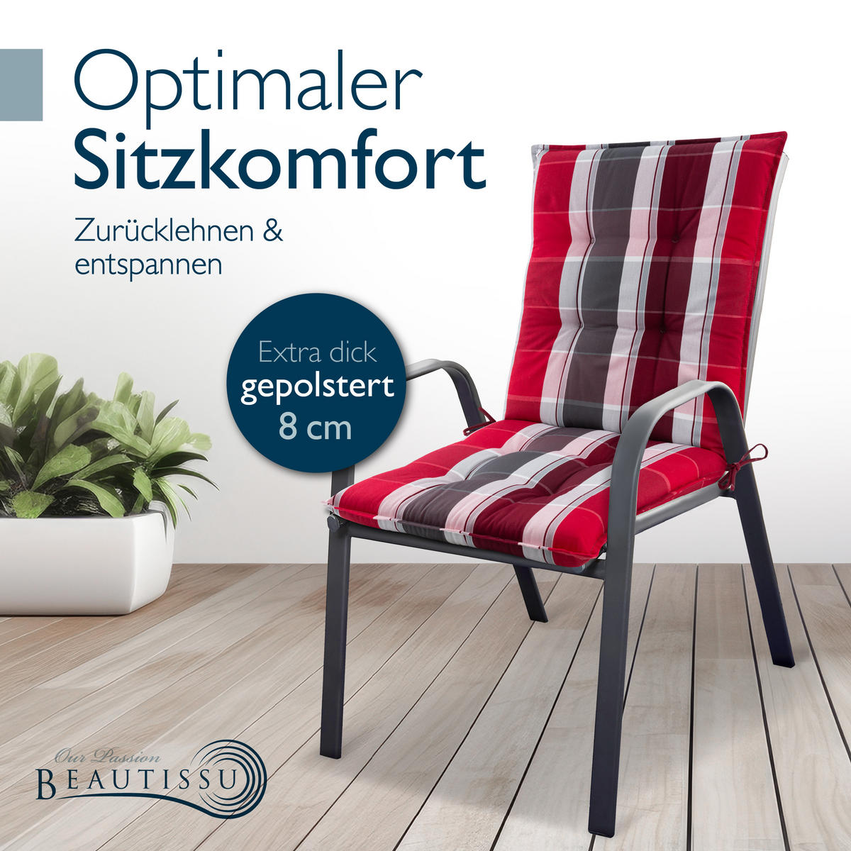 NIEDERLEHNERAUFLAGE Sun-NL 105/50/8cm Rot-Anthrazit-Gestreift - Multicolor, Textil (50/8/105cm) - Beautissu 