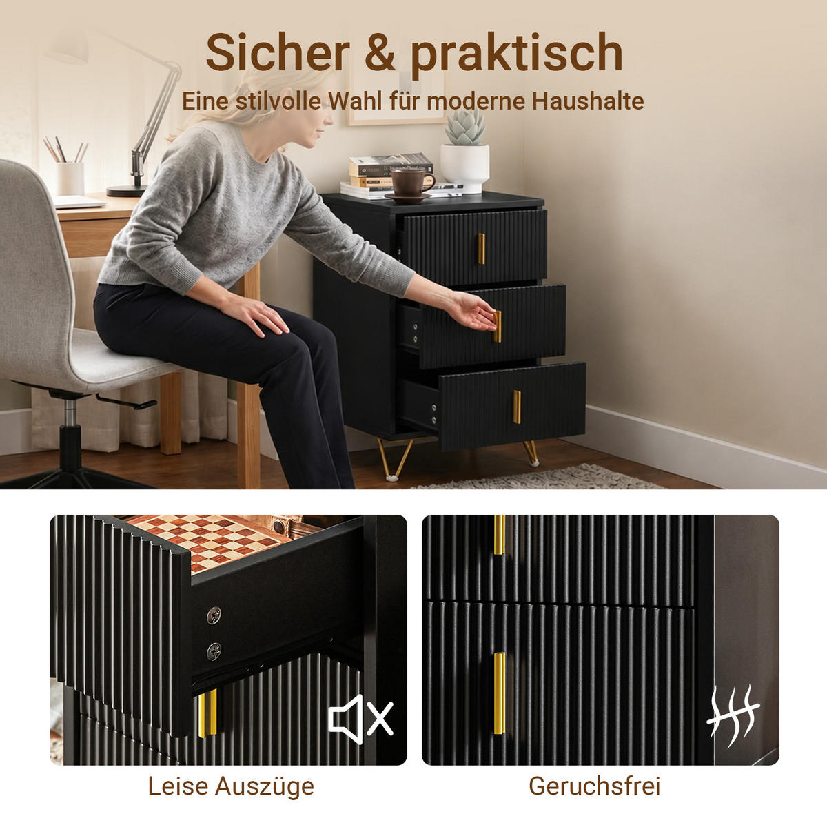 NACHTTISCH mit 3 Schubladen FBT115-L-SCHx2 - Schwarz, Holzwerkstoff (40/63/36cm) - SoBuy