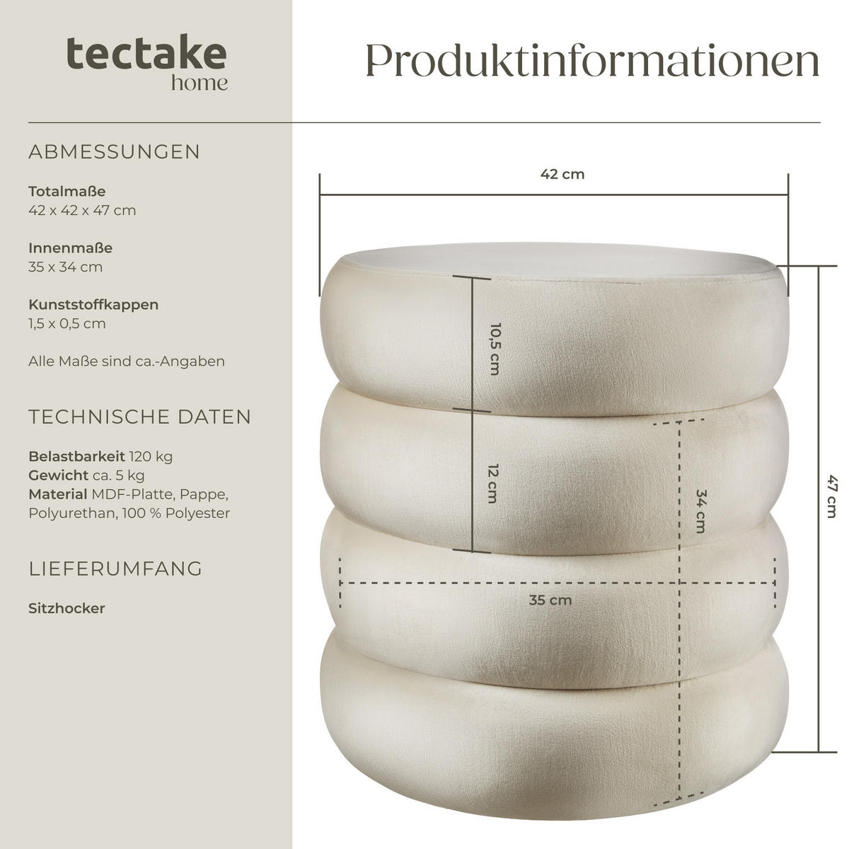 SITZHOCKER mit Stauraum Altu,42 x 42 x 47 cm,Samtoptik creme-weiß - Weiß/Samtahornfarben, Holz (42/47/42cm) - tectake