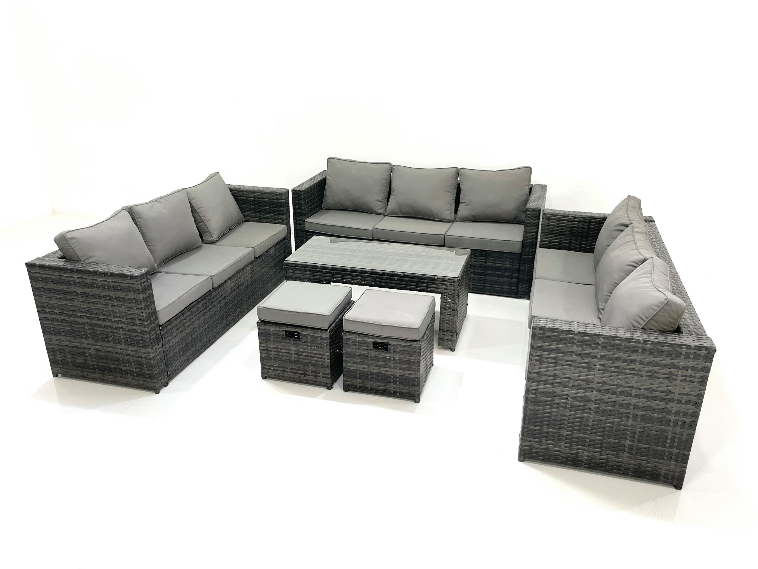 GARTENMÖBEL COUCHTISCH SET mit Sofa Polyrattan Outdoor 11-Sitzer - Dunkelgrau/Grau, Glas/Kunststoff - Fimous