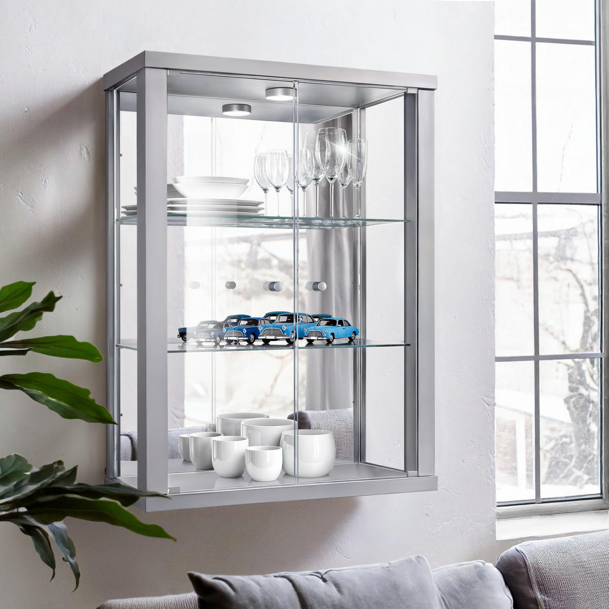 HÄNGEVITRINE 25/60/80 cm mit Spiegel, LED & 2 höhenverstellbaren Glasböden - Transparent/Silberfarben, Glas/Holzwerkstoff (60/80/25cm) - K-Möbel