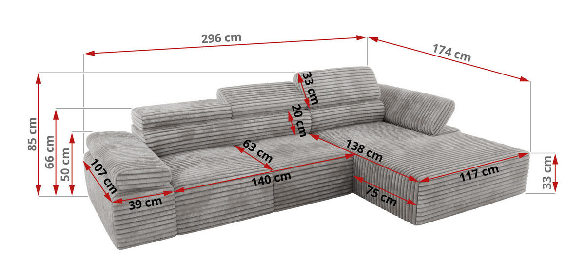 ECKSOFA RILASSO L Hellgrau Cord - rechts - Hellgrau/Schwarz, Kunststoff/Textil (174/296cm) - MKS