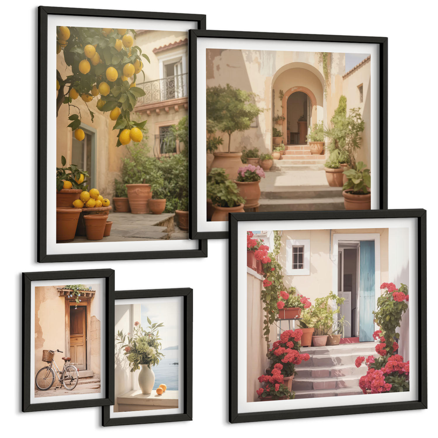 BILDER SET 5er Set - 50x50 cm & 20x30 cm & 40x60 cm Schwarzer Rahmen - Zitrusfrüchte in der Sonne - Schwarz, Kunststoff (40/60cm) - TULUP