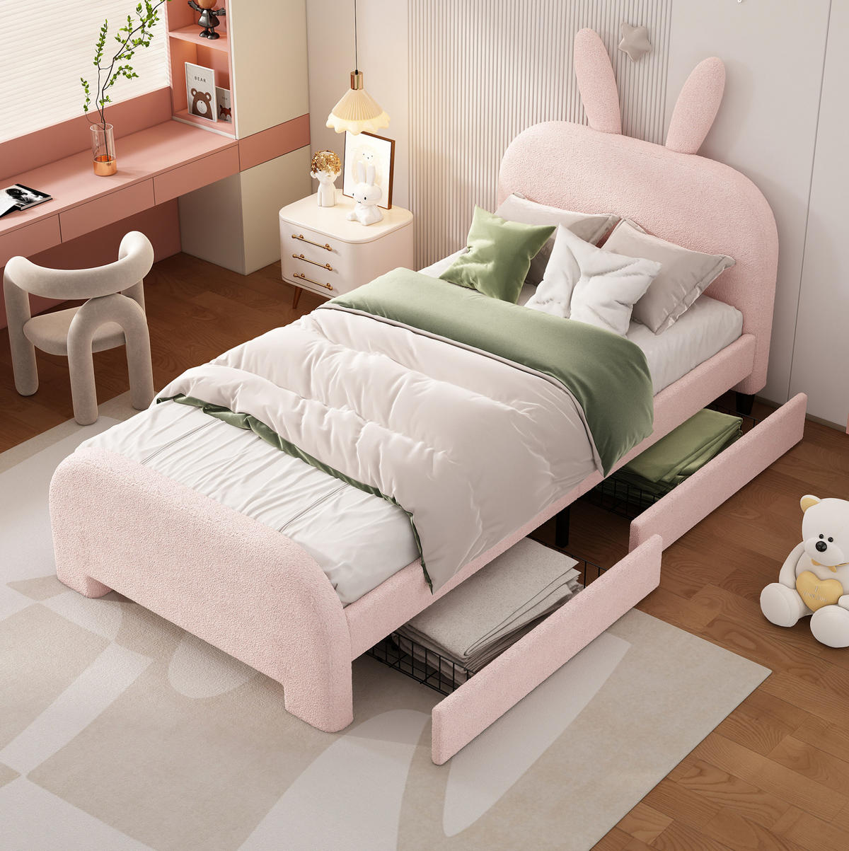 BETT 90/200 cm Rosa aus Plüsch und MDF mit 2 Schubladen - Rosa, Textil (90/200cm) - OKMYHOME