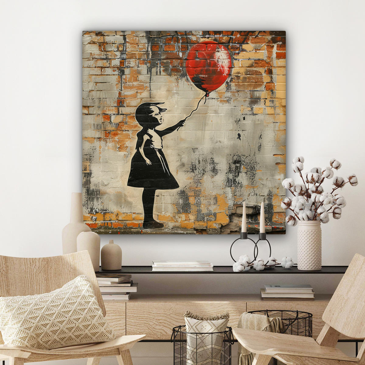 LEINWANDBILD Graffiti - Banksy - Mädchen - Straßenkunst 90x90 cm - Sandfarben, Textil (90/90cm) - MuchoWow