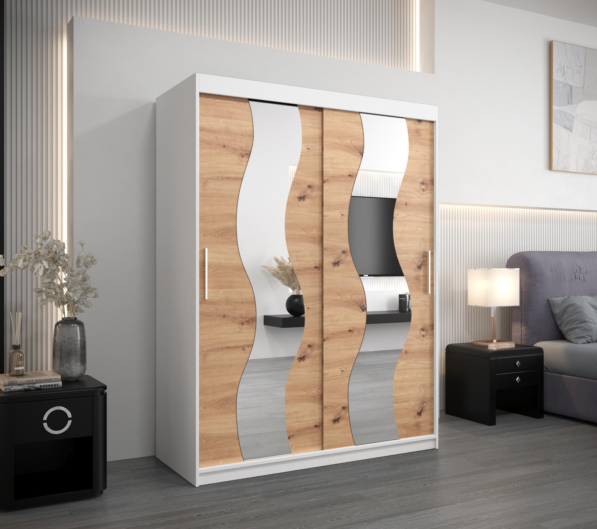 SCHWEBETÜRENSCHRANK 200/150/62 2-türig - Silberfarben/Weiß, Holz/Kunststoff (150/200/62cm) - Abiks Möbel