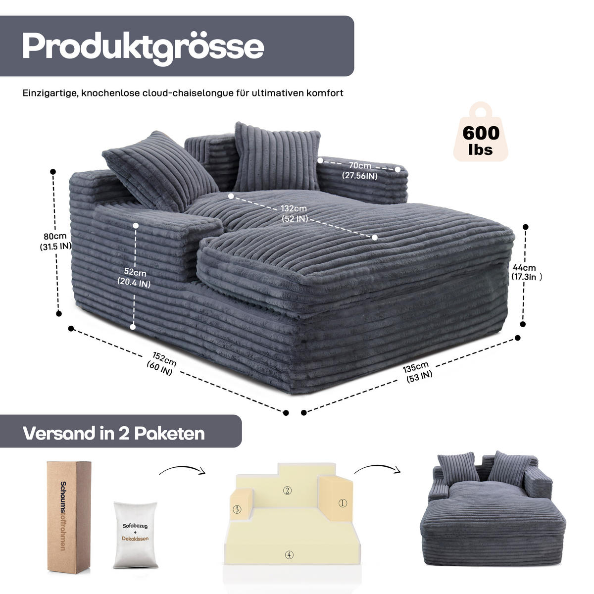 CHAISELONGUE Polstersofa Grau 87 - Grau, Textil (135/80/152cm) - Vercart