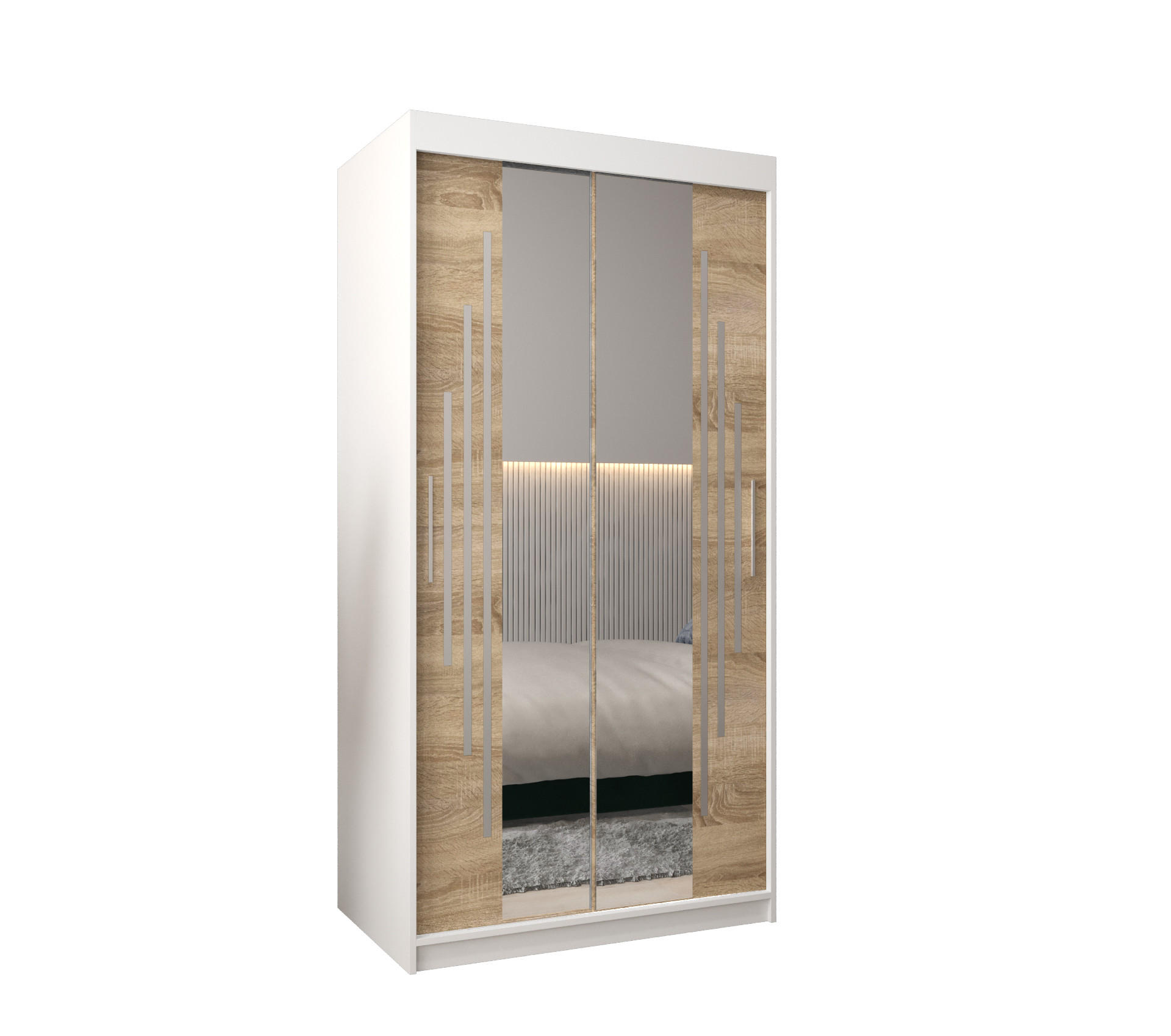 Abiks Möbel SCHWEBETÜRENSCHRANK Weiß, Sonoma Eiche 100cm × 62cm × 200cm