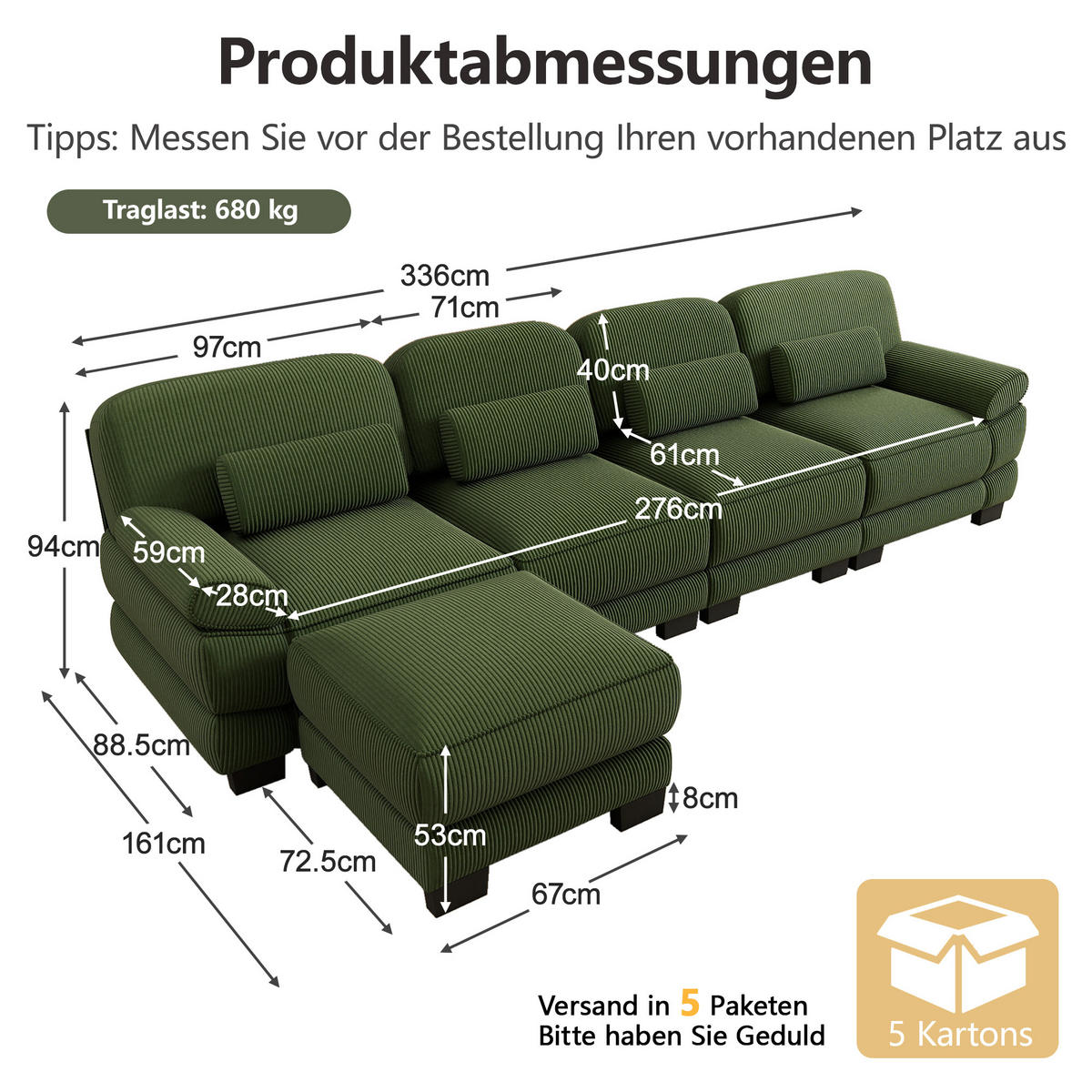 ECKSOFA 4-Sitzer L-Form mit Hocker, DE-42659, Grün - Grün, Holz (336/161cm) - ComfortXL