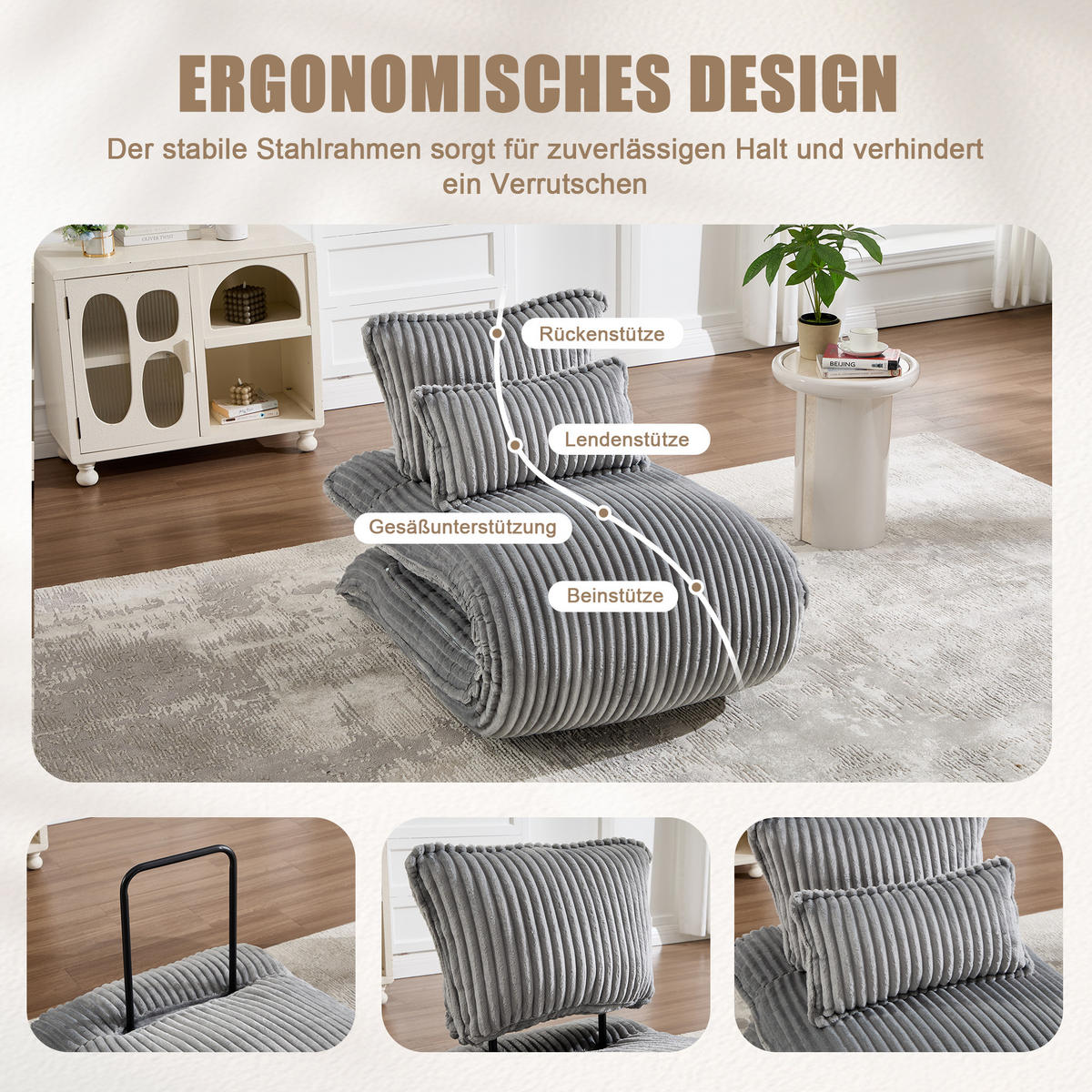 SCHLAFSESSEL 2-in-1, Cord, Metall--Rückenlehne, 227cm Länge, Beige - Grau, Textil/Metall (74.5/78.5/107cm) - LVHOM